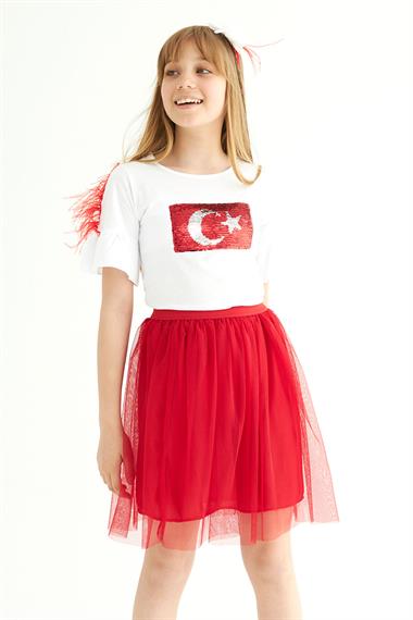 Bisiklet Yaka Kısa Kol Türk Bayrağı Pullu Kırmızı Beyaz Renk Kız Çocuk Etekli Takım