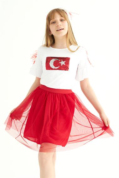 Bisiklet Yaka Kısa Kol Türk Bayrağı Pullu Kırmızı Beyaz Renk Kız Çocuk Etekli Takım