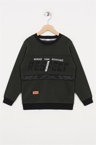 Bisiklet Yaka Uzun Kol Respect Baskılı Haki Renk Erkek Çocuk Sweatshirt