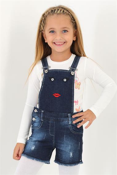 Yüz Nakışlı Lacivert Renk Kız Çocuk Salopet