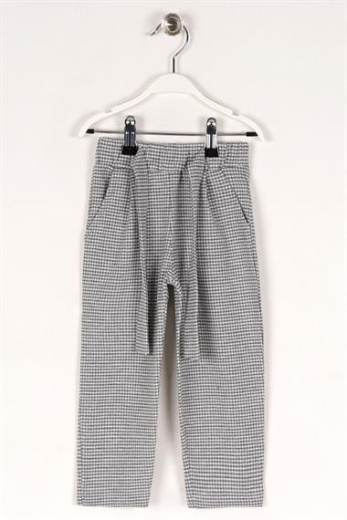 Ekose Desenli Beli Kuşaklı Gri Renk Kız Çocuk Pantolon