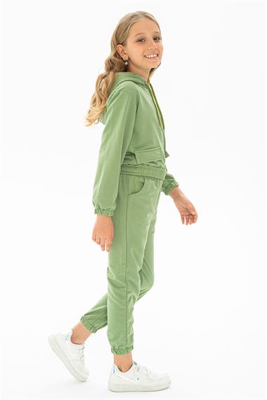 Kapüşonlu Uzun Kol Cağla Yeşil Renk Kız Çocuk Eşofman Takım