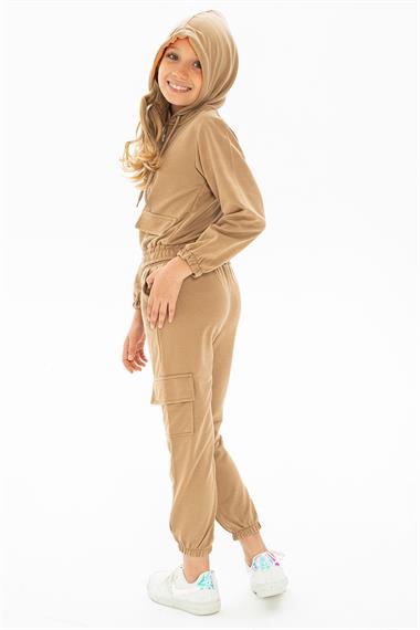 Kapüşonlu Uzun Kol Kahverengi Renk Kız Çocuk Eşofman Takım