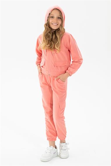Kapüşonlu Uzun Kol Pudra Renk Kız Çocuk Eşofman Takım