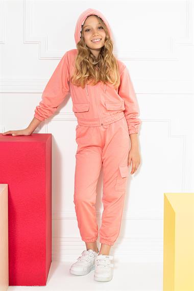 Kapüşonlu Uzun Kol Pudra Renk Kız Çocuk Eşofman Takım