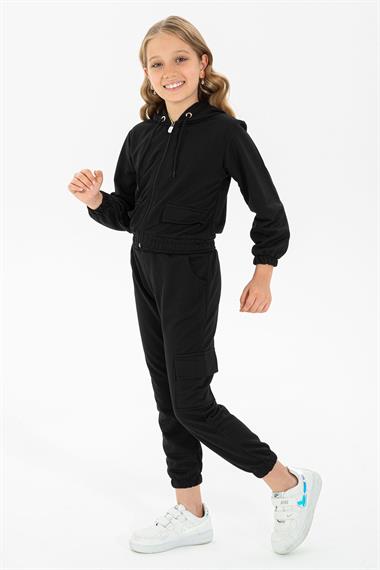 Kapüşonlu Uzun Kol Siyah Renk Kız Çocuk Eşofman Takım