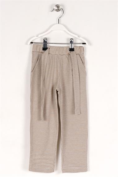 Ekose Desenli Beli Kuşaklı Bej Renk Kız Çocuk Pantolon