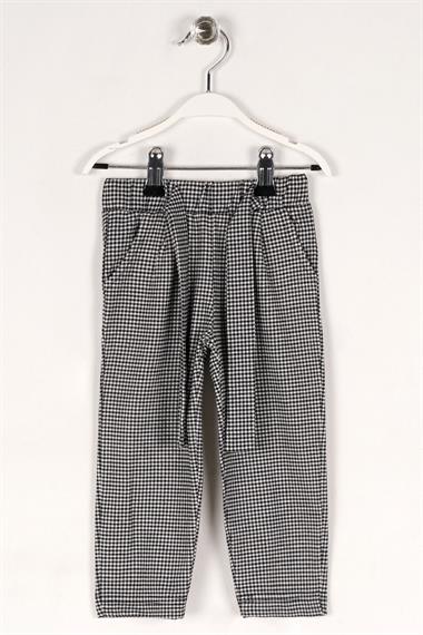 Ekose Desenli Beli Kuşaklı Siyah Renk Kız Çocuk Pantolon