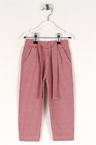 Ekose Desenli Beli Kuşaklı Kırmızı Renk Kız Çocuk Pantolon