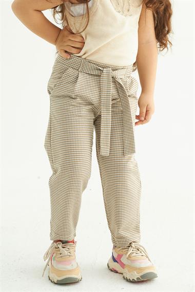 Ekose Desenli Beli Kuşaklı Bej Renk Kız Çocuk Pantolon