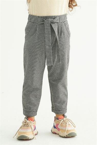 Ekose Desenli Beli Kuşaklı Siyah Renk Kız Çocuk Pantolon