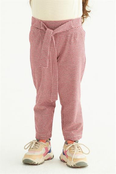 Ekose Desenli Beli Kuşaklı Kırmızı Renk Kız Çocuk Pantolon