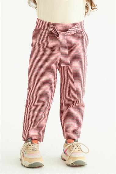 Ekose Desenli Beli Kuşaklı Kırmızı Renk Kız Çocuk Pantolon