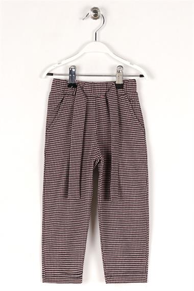 Ekose Desenli Beli Kuşaklı Siyah Pudra Renk Kız Çocuk Pantolon