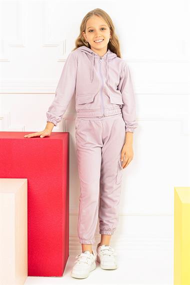 Kapüşonlu Uzun Kol Lila Renk Kız Çocuk Eşofman Takım