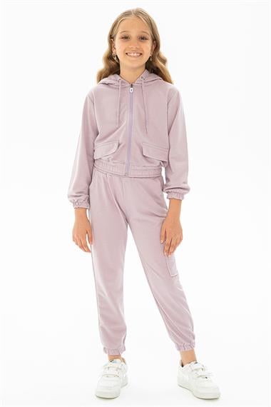 Kapüşonlu Uzun Kol Lila Renk Kız Çocuk Eşofman Takım