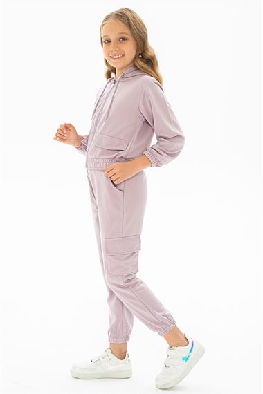 Kapüşonlu Uzun Kol Lila Renk Kız Çocuk Eşofman Takım