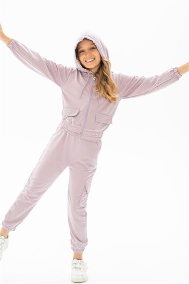 Kapüşonlu Uzun Kol Lila Renk Kız Çocuk Eşofman Takım