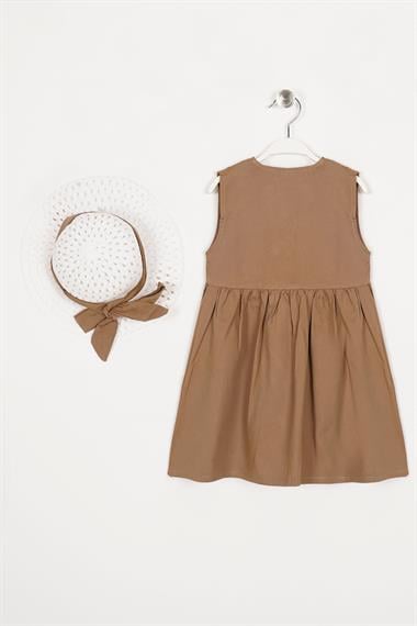 Bisiklet Yaka Sıfır Kol Çıtçıt Düğmeli Şapkalı Kahverengi Renk Kız Çocuk Elbise