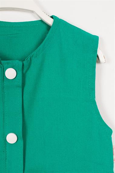 Bisiklet Yaka Sıfır Kol Çıtçıt Düğmeli Şapkalı Yeşil Renk Kız Çocuk Elbise