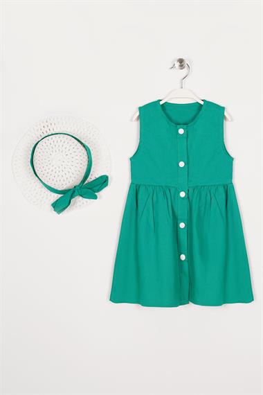 Bisiklet Yaka Sıfır Kol Çıtçıt Düğmeli Şapkalı Yeşil Renk Kız Çocuk Elbise