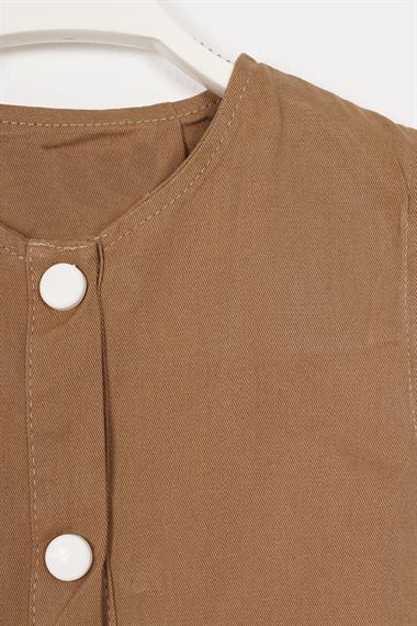 Bisiklet Yaka Sıfır Kol Çıtçıt Düğmeli Şapkalı Kahverengi Renk Kız Çocuk Elbise