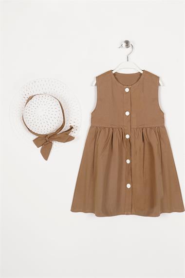 Bisiklet Yaka Sıfır Kol Çıtçıt Düğmeli Şapkalı Kahverengi Renk Kız Çocuk Elbise