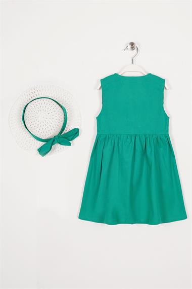 Bisiklet Yaka Sıfır Kol Çıtçıt Düğmeli Şapkalı Yeşil Renk Kız Çocuk Elbise