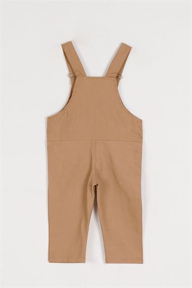 Kare Yaka Sıfır Kol Köpek Baskılı Pati Detaylı Düğmeli Kahverengi Renk Erkek Çocuk Salopet