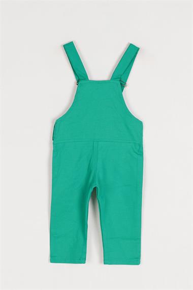 Kare Yaka Sıfır Kol Köpek Baskılı Pati Detaylı Düğmeli Koyu Yeşil Renk Erkek Çocuk Salopet