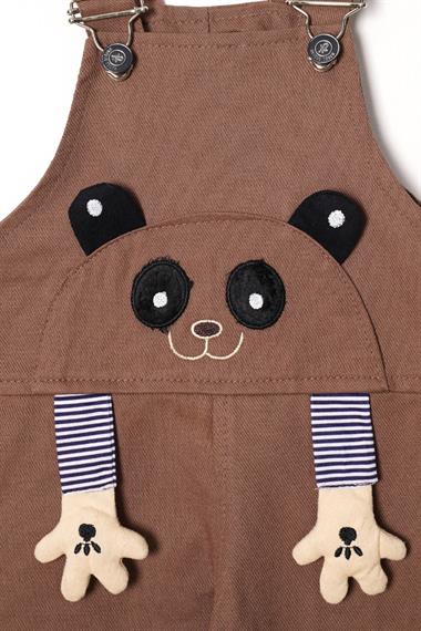 Kare Yaka Sıfır Kol Köpek Baskılı Pati Detaylı Düğmeli Koyu Kahverengi Renk Erkek Çocuk Salopet