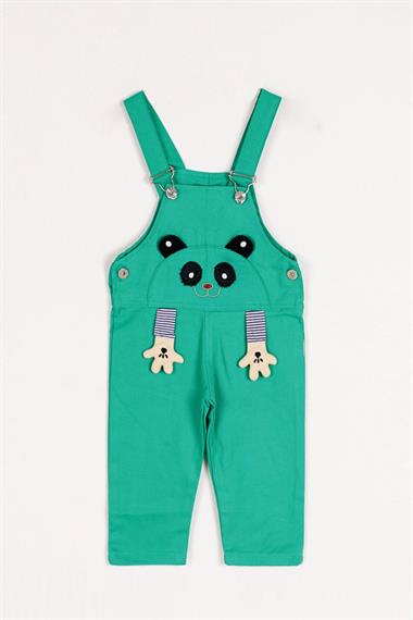 Kare Yaka Sıfır Kol Köpek Baskılı Pati Detaylı Düğmeli Koyu Yeşil Renk Erkek Çocuk Salopet