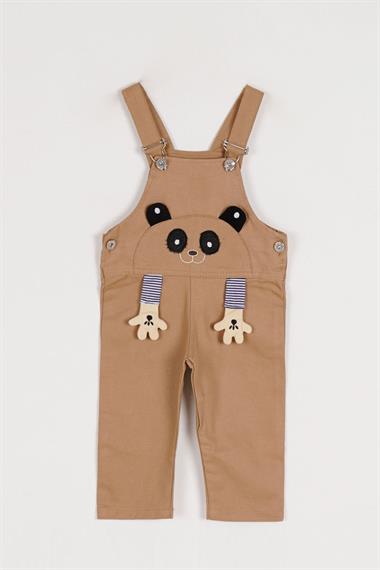 Kare Yaka Sıfır Kol Köpek Baskılı Pati Detaylı Düğmeli Kahverengi Renk Erkek Çocuk Salopet