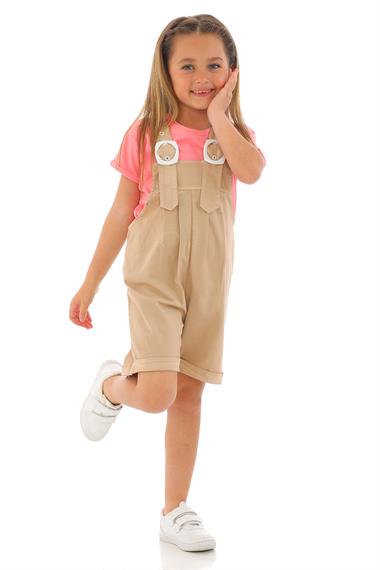 Bisiklet Yaka Kısa Kol Kemer Detaylı Bej Renk Kız Çocuk Şortlu Salopet