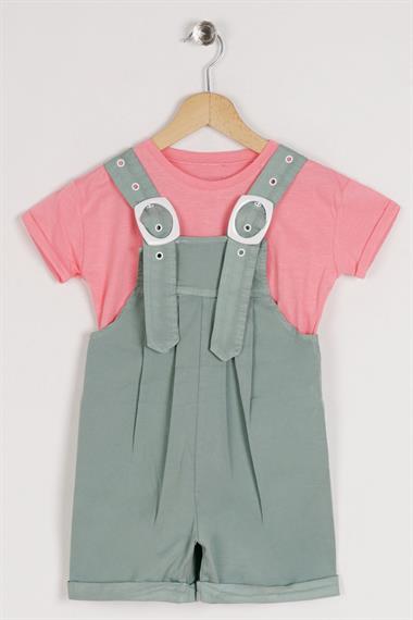 Bisiklet Yaka Kısa Kol Sortlu Kemer Detaylı Yeşil Renk Kız Çocuk Sortlu Salopet