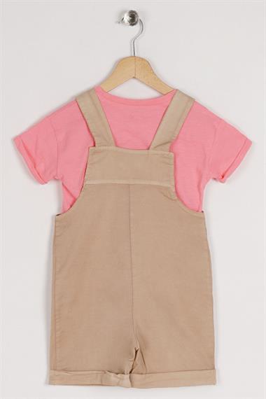 Bisiklet Yaka Kısa Kol Kemer Detaylı Bej Renk Kız Çocuk Şortlu Salopet