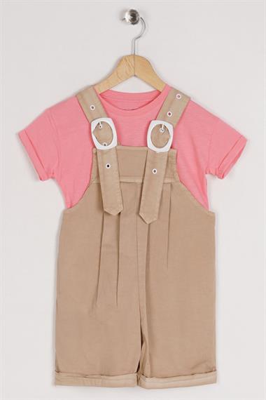 Bisiklet Yaka Kısa Kol Kemer Detaylı Bej Renk Kız Çocuk Şortlu Salopet