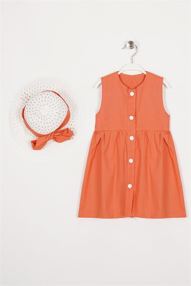 Bisiklet Yaka Sıfır Kol Çıtçıt Düğmeli Şapkalı Oranj Renk Kız Çocuk Elbise