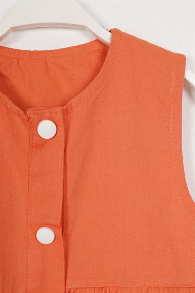 Bisiklet Yaka Sıfır Kol Çıtçıt Düğmeli Şapkalı Oranj Renk Kız Çocuk Elbise