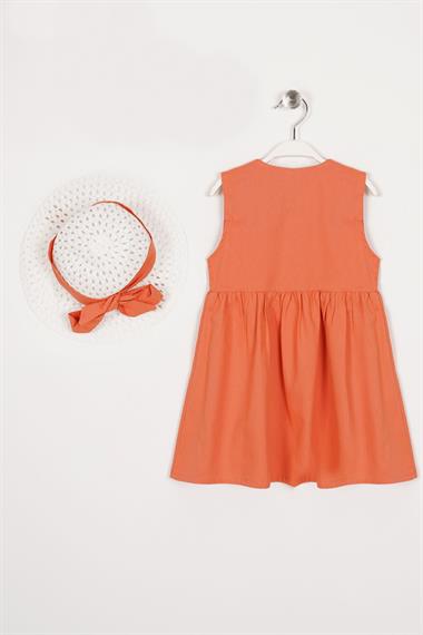 Bisiklet Yaka Sıfır Kol Çıtçıt Düğmeli Şapkalı Oranj Renk Kız Çocuk Elbise