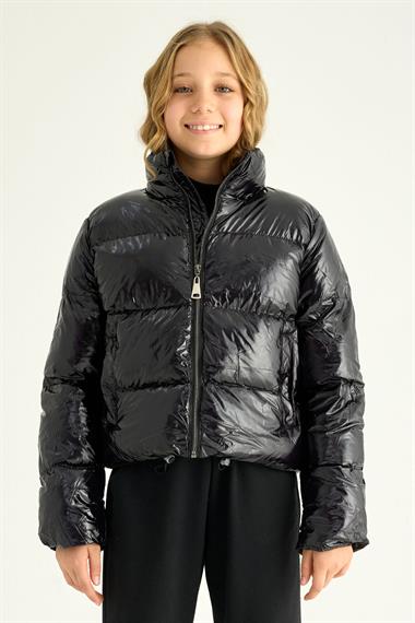 Uzun Kol Beli Lastikli Siyah Renk Kız Çocuk Mont