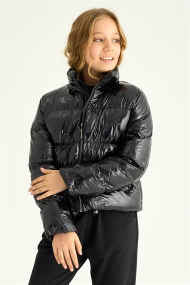 Uzun Kol Beli Lastikli Siyah Renk Kız Çocuk Mont