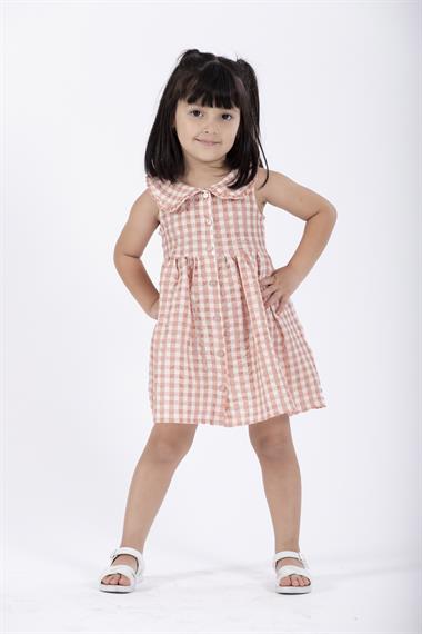 Bebe Yaka Sıfır Kol Düğmeli Pudra Renk Kız Çocuk Elbise