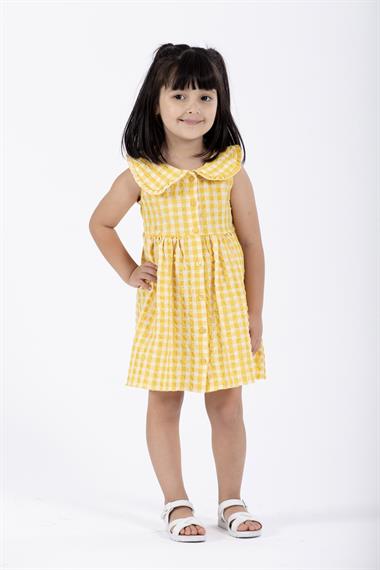 Bebe Yaka Sıfır Kol Düğmeli Sarı Renk Kız Çocuk Elbise