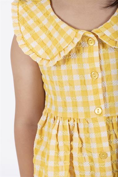Bebe Yaka Sıfır Kol Düğmeli Sarı Renk Kız Çocuk Elbise