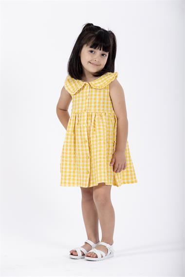 Bebe Yaka Sıfır Kol Düğmeli Sarı Renk Kız Çocuk Elbise