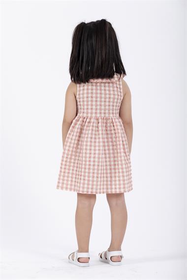 Bebe Yaka Sıfır Kol Düğmeli Pudra Renk Kız Çocuk Elbise