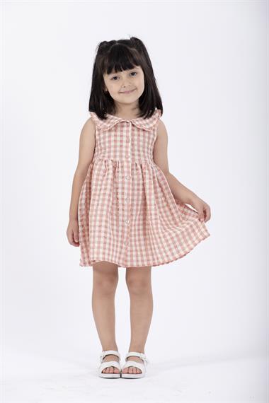 Bebe Yaka Sıfır Kol Düğmeli Pudra Renk Kız Çocuk Elbise