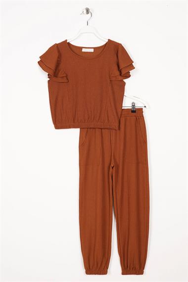 Bisiklet Yaka Paca Lastikli Kahverengi Renk Kız Çocuk İkili Takım