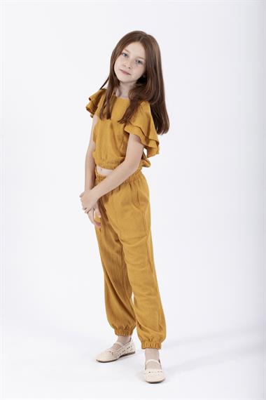 Bisiklet Yaka Paca Lastikli Hardal Renk Kız Çocuk İkili Takım